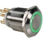 STAINLESS STEEL PUSH BUTTON SPDT 1NO 1NC - GREEN RING - 19mm