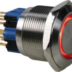 FLAT STAINLESS STEEL PUSH BUTTON DPST 1NO 1NC - RED RING 25mm